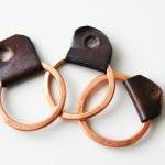 Stacking Rings Set of Three Rings Hammered Copper Plated Aluminum Brown Leather Minimalist Geometric by SteamyLab