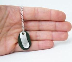 Fine Silver Pendant Necklace Green Recycled Leather Geometric Minimalist Design by SteamyLab