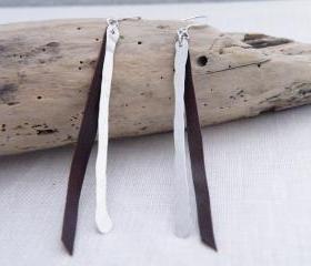 Long Minimalist Necklace Fine Silver Bars Brown Leather Modern Jewelry by SteamyLab