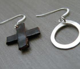 XO Fine Silver Earrings Handmade Hugs and Kisses Earrings Brown Recycled Leather Minimalist Jewelry by SteamyLab