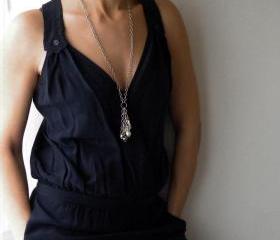 Long Charm Necklace. Grey and Ivory Pearls. Glass Faceted Beads. Charm Jewelry. Handmade By SteamyLab.