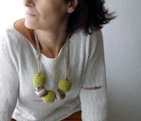 Bubble Necklace Chunky Crochet Necklace Lime Green Brown tones Spring Summer Fashion Linen Necklace. Handmade by SteamyLab.