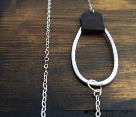 Minimalist Geometric Necklace Sterling Silver Brown Leather Aluminum Oval Modern Jewelry by SteamyLab