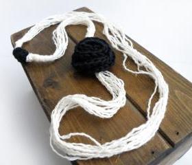 Linen Long Necklace Black White Crochet Wool Rose Elegant Women Accessories by SteamyLab