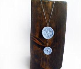 Long Sterling Silver Necklace Cotton Crochet Circles Pastel Sky Blue Spring Summer Trends by SteamyLab