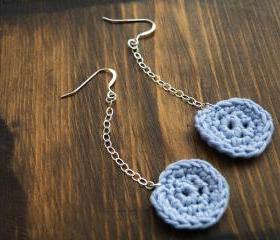 Long Sterling Silver Earrings French Cotton Crochet Pastel Sky Blue Shabby Chic Spring Summer Trends