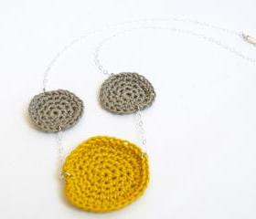 Sterling Silver Geometric Necklace Grey Mustard Crochet Disc Cottage Chic Spring Summer Accessories by SteamyLab