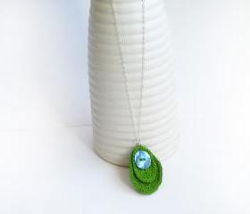 Long Sterling Silver Asymmetric Pendant Necklace Rustic Green Crochet Spring Summer Accessories by SteamyLab