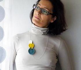 Long Sterling Silver Necklace Geometric Crochet Cotton Mustard Moss Green White Spring Summer by SteamyLab