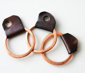 Stacking Rings Set of Three Rings Hammered Copper Plated Aluminum Brown Leather Minimalist Geometric by SteamyLab