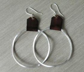 Boho Big Hoop Earrings Hammered Aluminum Recycled Brown Leather Irregular Hoops by Steamylab