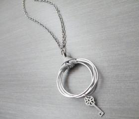 Hoop Pendant Necklace Silver Grey Leather Key Charm Long Necklace Hammered Aluminum by SteamyLab